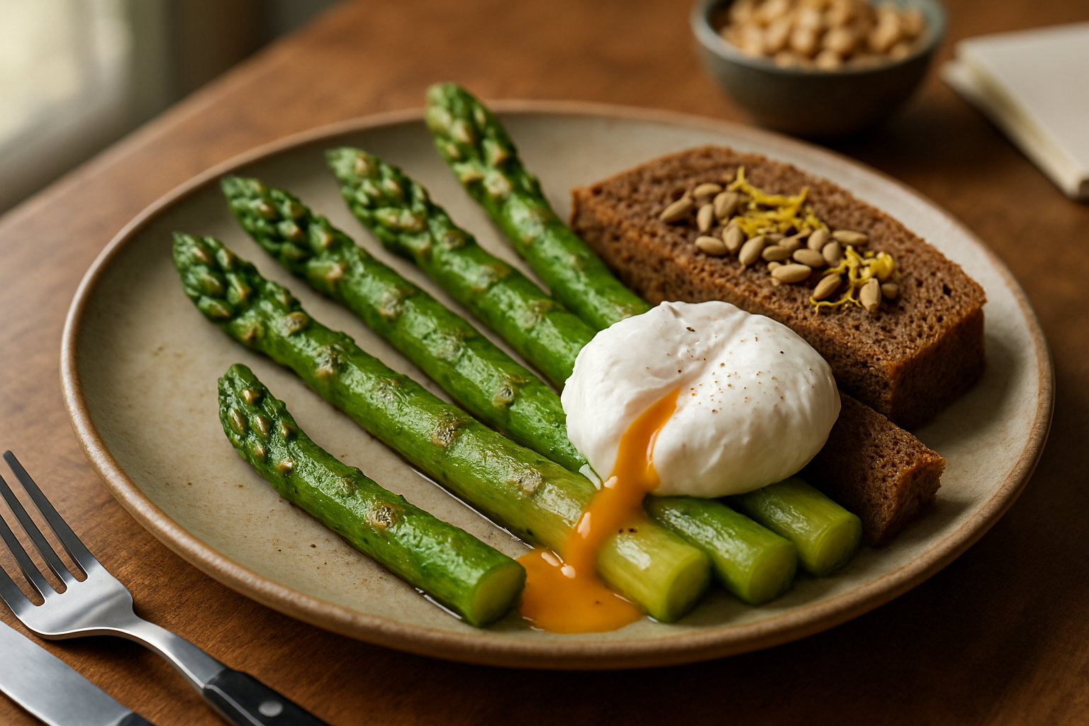 Realistisk højtopløst billede: tre asparges på rustik keramiktallerken med pocheret æg, rugbrød, solsikkekerner og citronskal, damp og vindueslys fra venstre.