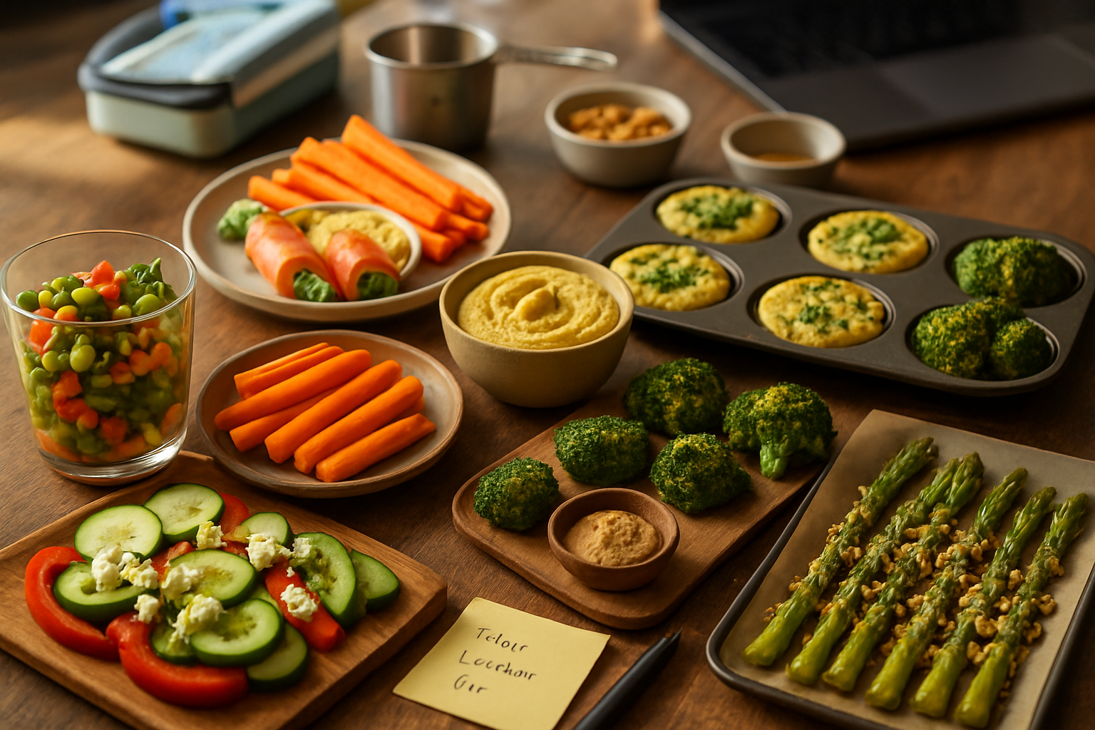Top-down still-life: syv grøntsags-snacks på træbord; aspargeswraps, gulerødder, æggemuffins, broccoli dip, agurk-peberfrugt, linser, målebæger, post-it, kuglepen, træske, nødder og olivenoli