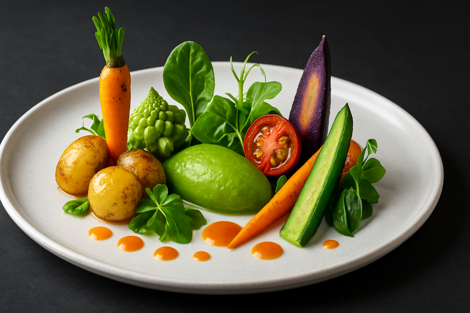 En overdådig tallerken med farverige, smukt anrettede grøntsager i højt gastronomisk stil