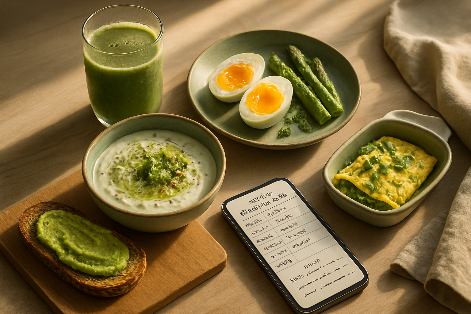 Fotorealistisk top-down morgenbord i lyst træ med grønne retter, yoghurt, æg, asparges, avocadocreme og notesbog samt smartphone.