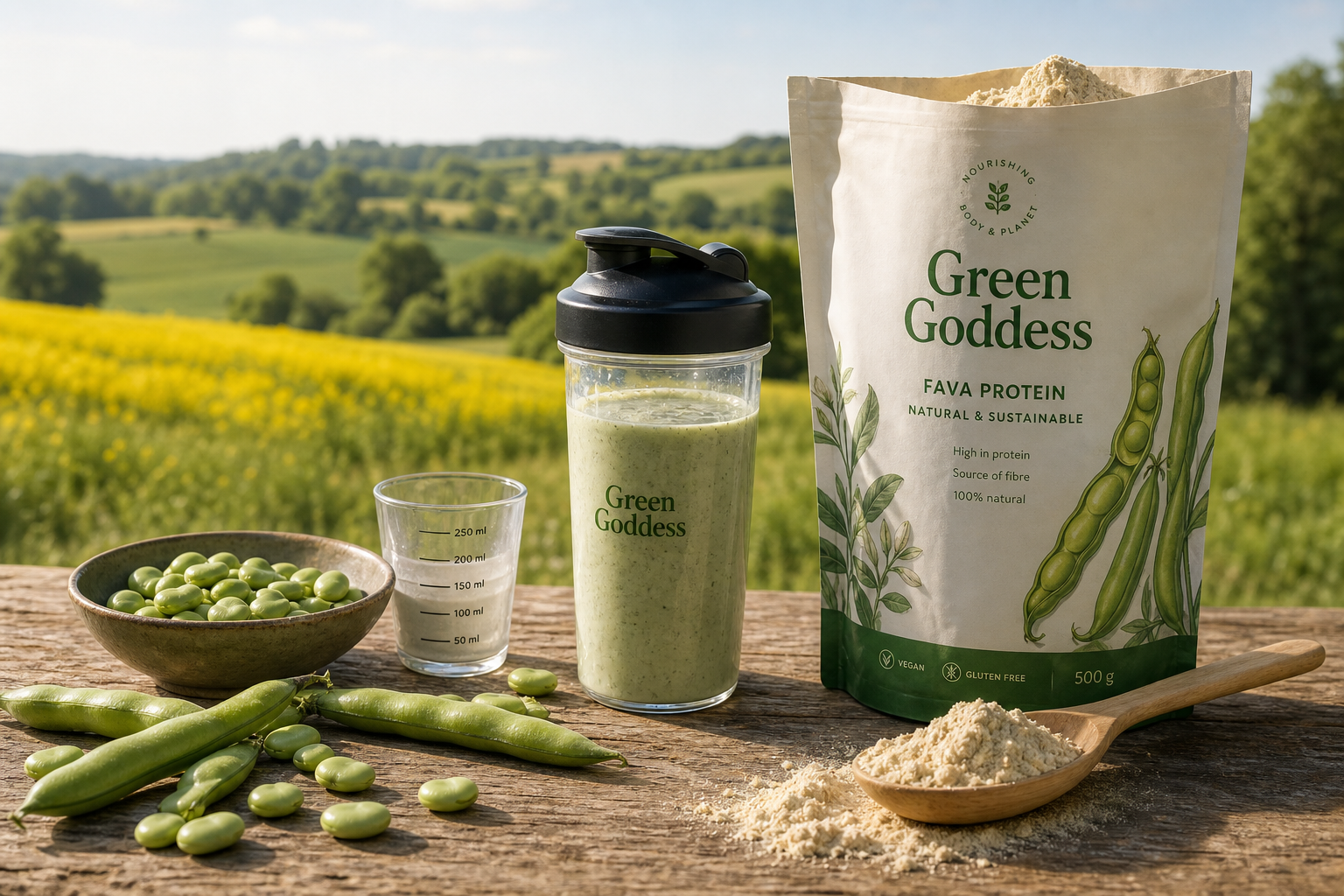 Billede af morgensol på dansk sommermark, forgrund træbord med pose 'Green Goddess', cremet favaprotein, lysegrøn smoothie og favabønner.