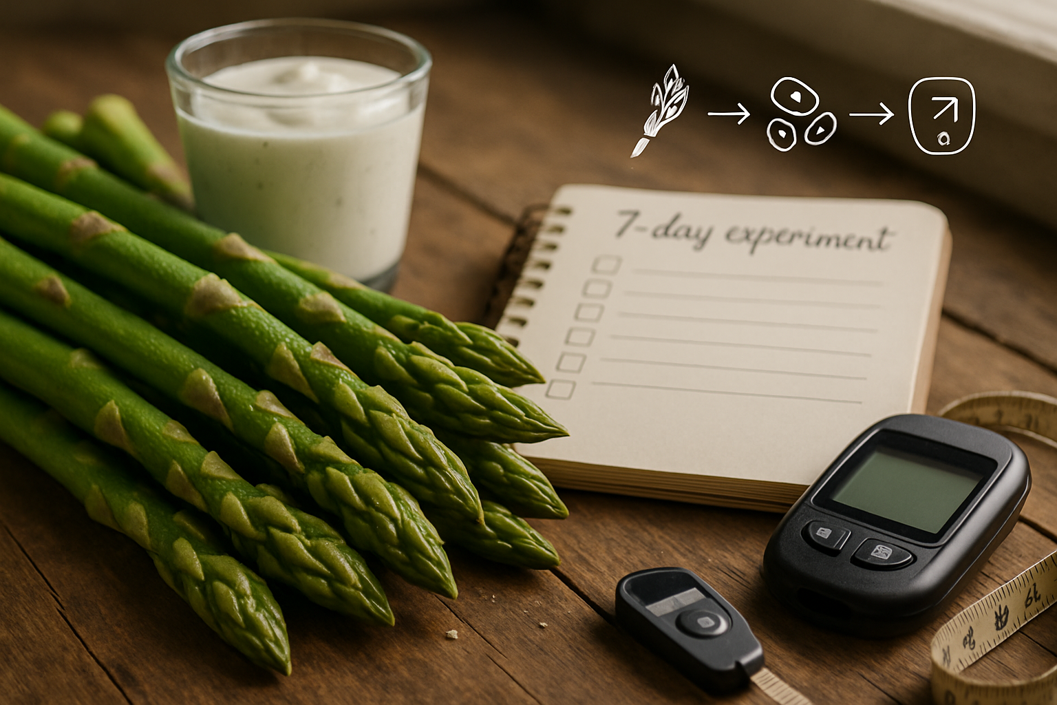 Fotorealistisk close-up af grønne asparges på rustikt træbord ved vindueslys, med dip, notesbog, måler og grafiske ikoner om præbiotika.